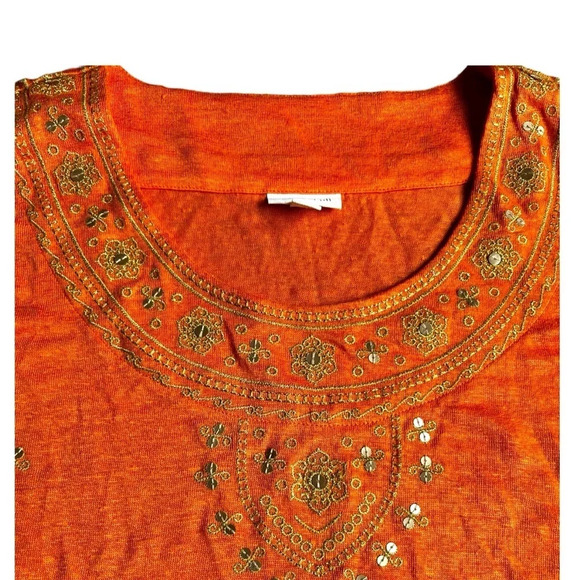 J. Jill Love Linen Shirt Blouse Top Sz Medium Orange Embroidered Sequin Boho - Picture 2 of 12